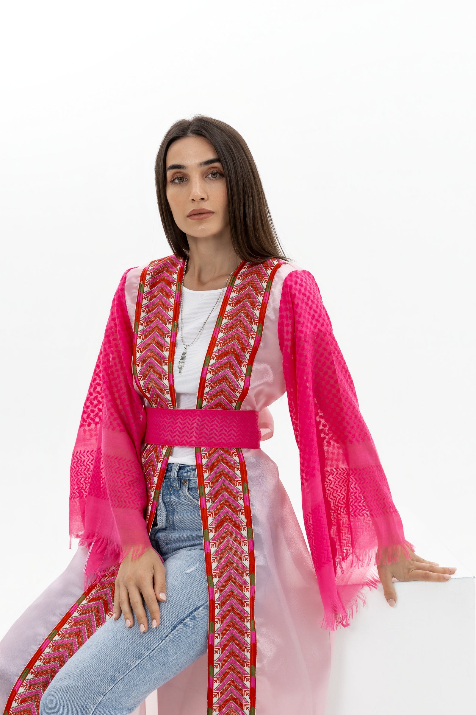 pink keffiyeh dress Adult Pink Abaya with Keffiyeh Sleeves DARAZEAN