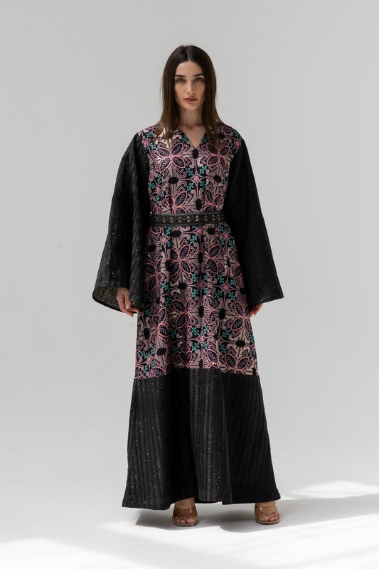 Black Kaftan with Floral Embroidery