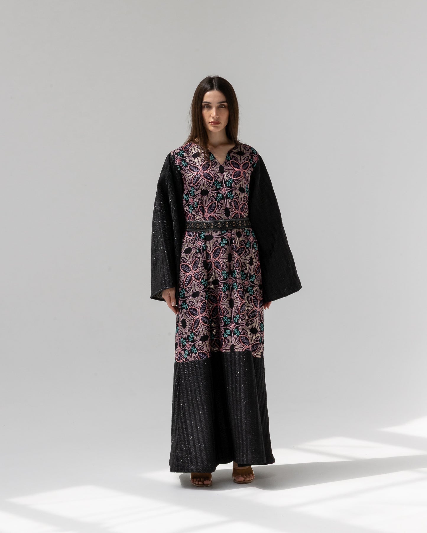 Black Kaftan with Floral Embroidery