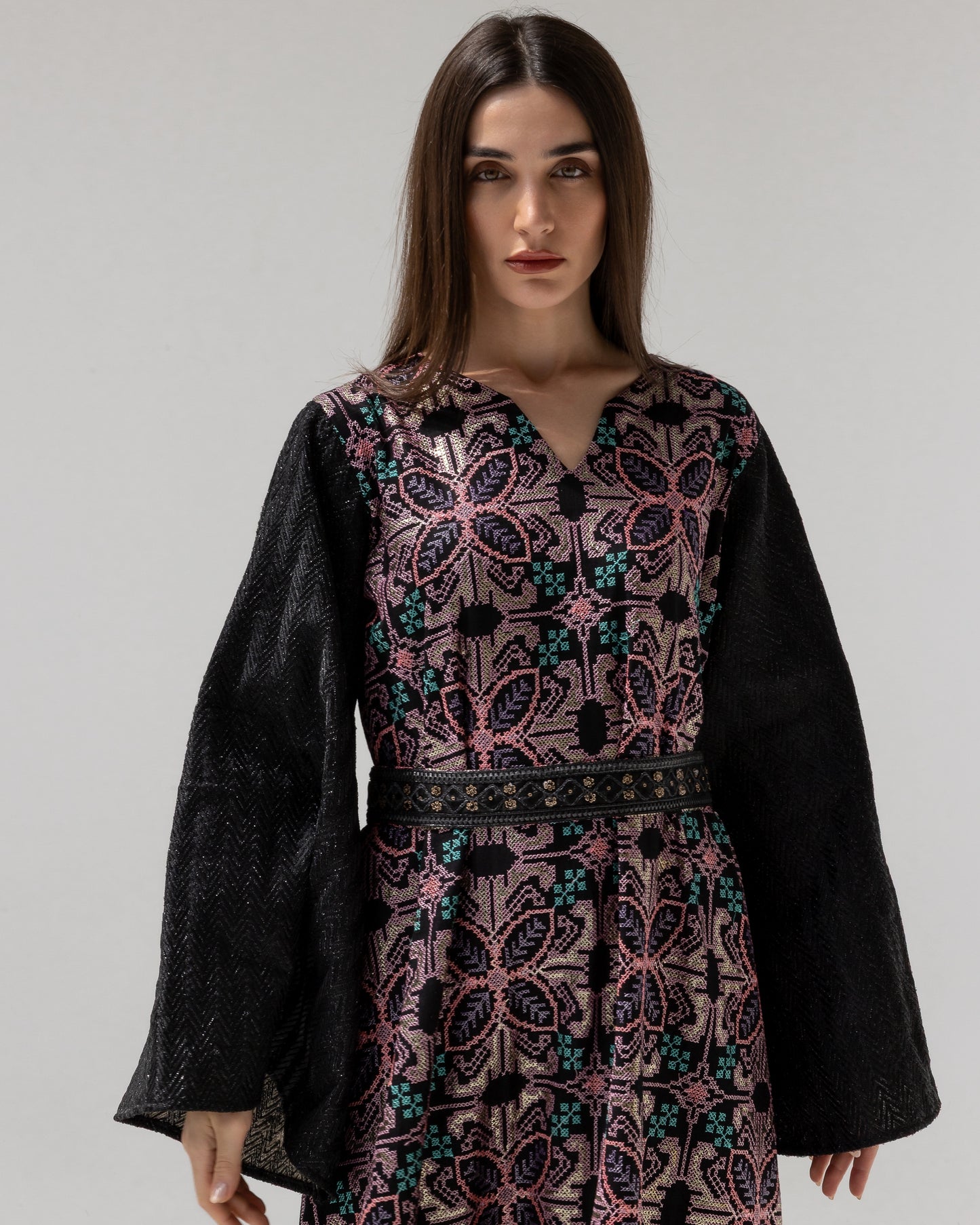 Black Kaftan with Floral Embroidery