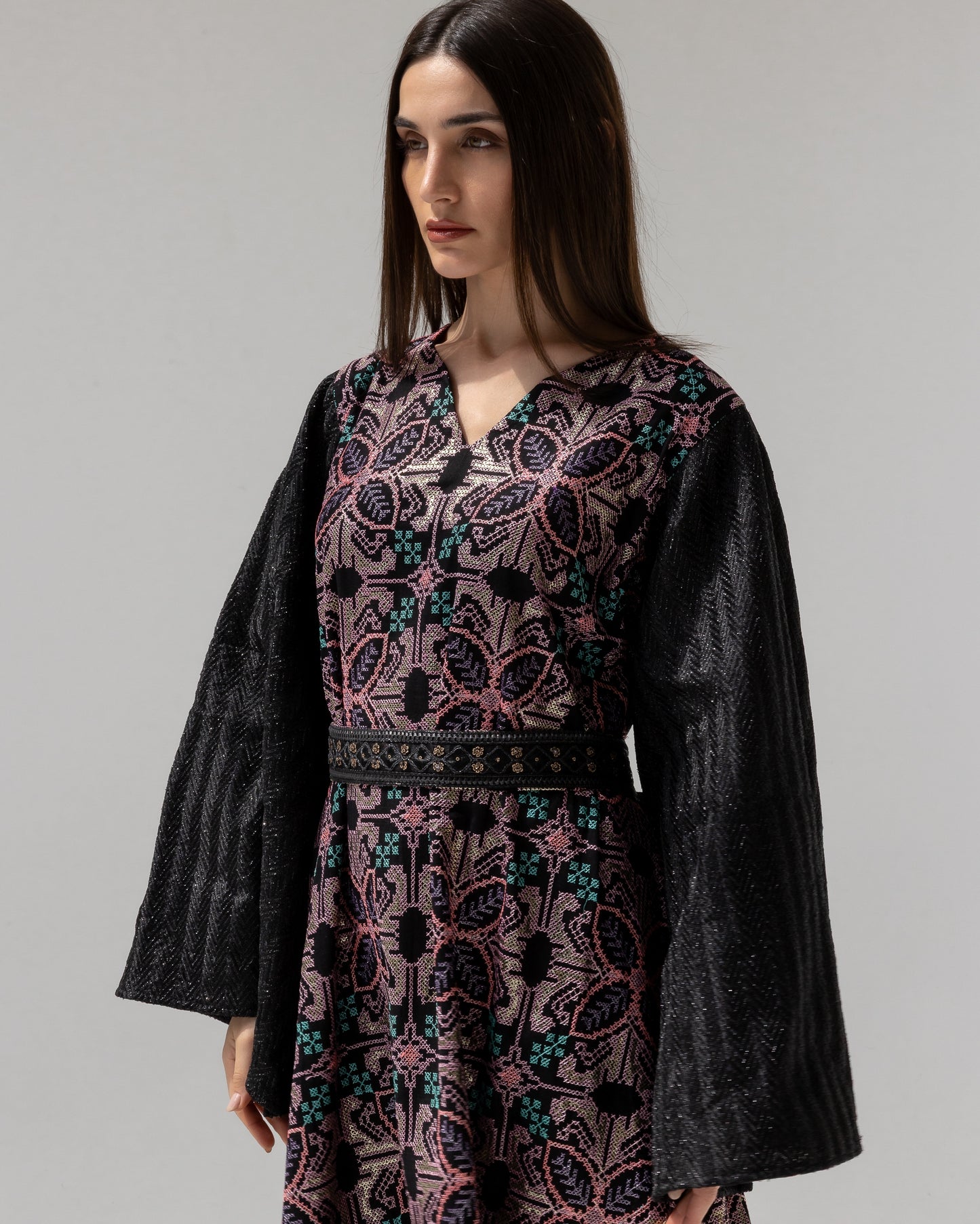 Black Kaftan with Floral Embroidery