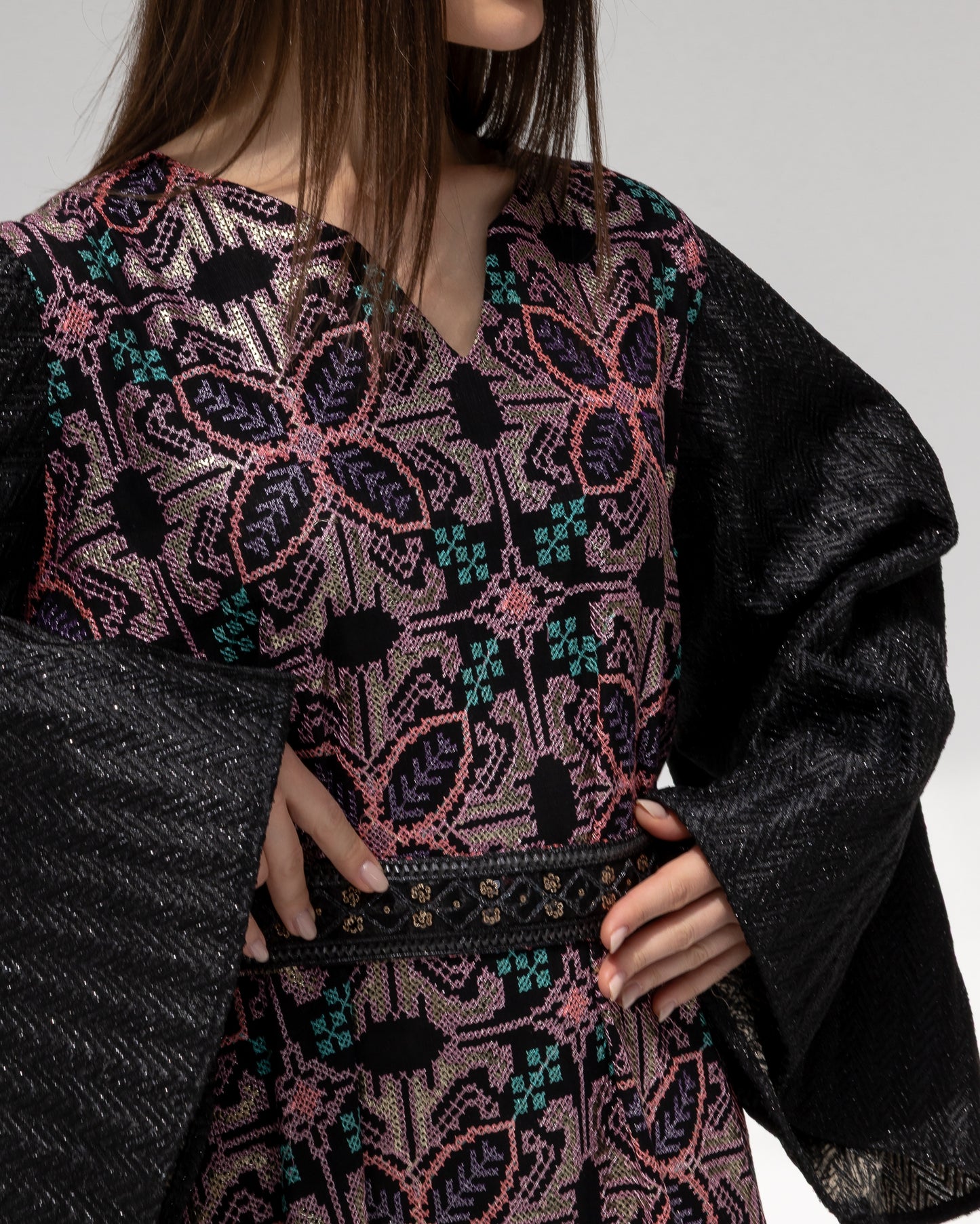 Black Kaftan with Floral Embroidery