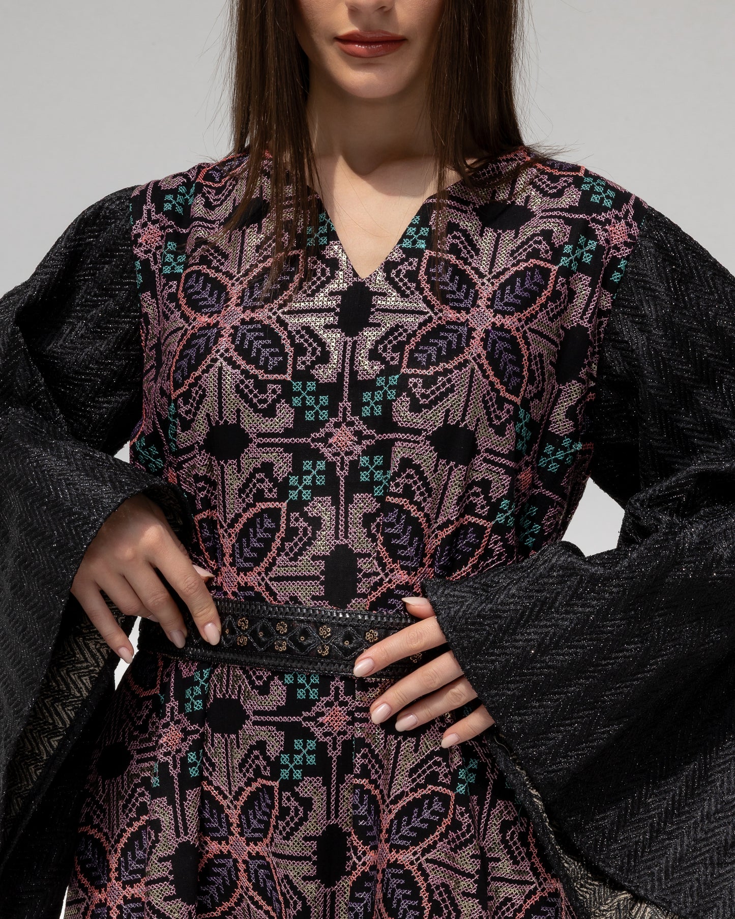 Black Kaftan with Floral Embroidery