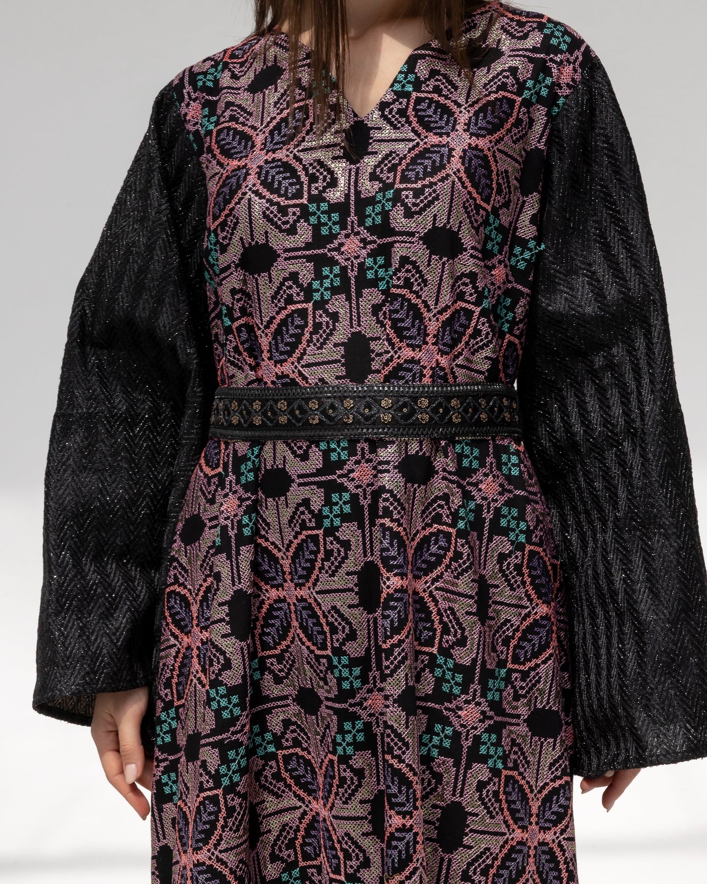 Black Kaftan with Floral Embroidery