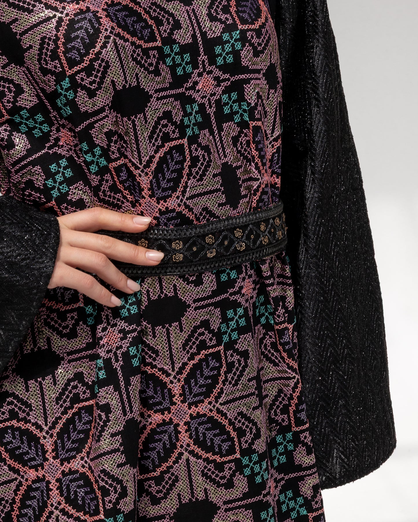 Black Kaftan with Floral Embroidery