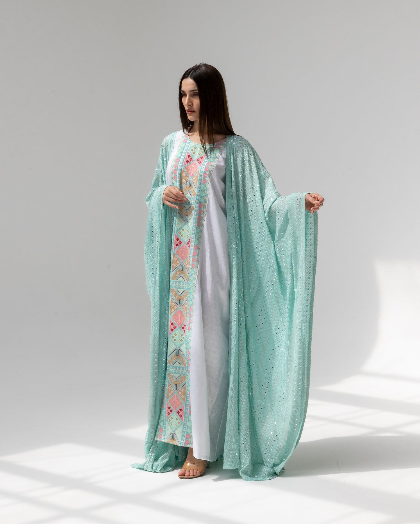 Mint Green Kaftan with Embroidered Dress