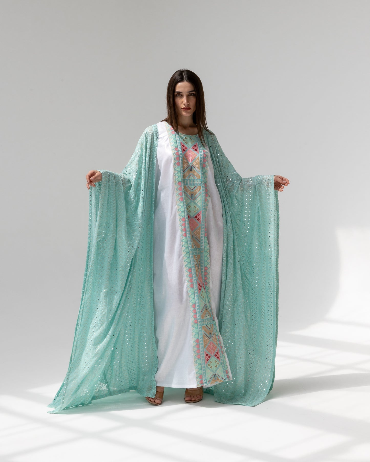 Mint Green Kaftan with Embroidered Dress