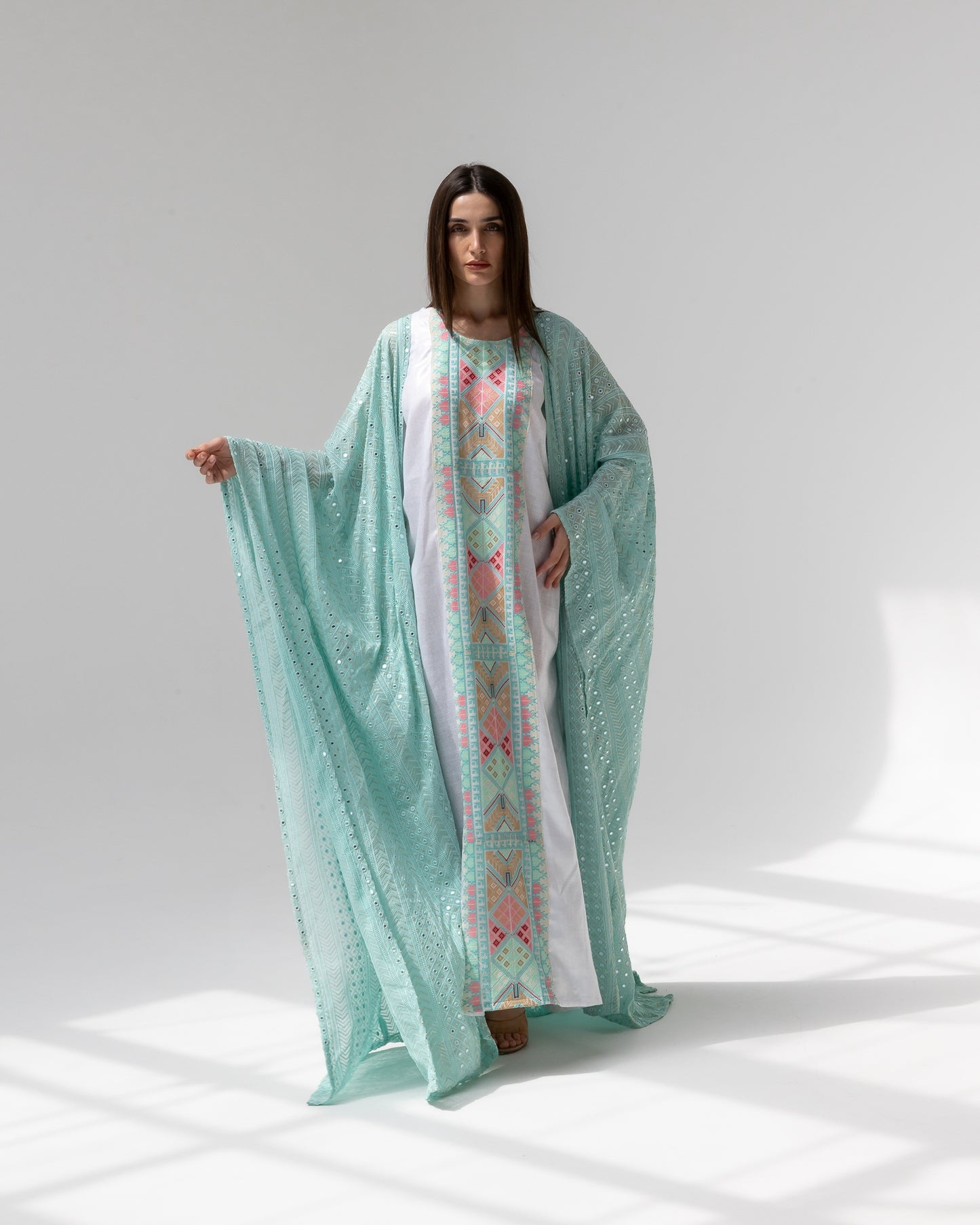 Mint Green Kaftan with Embroidered Dress