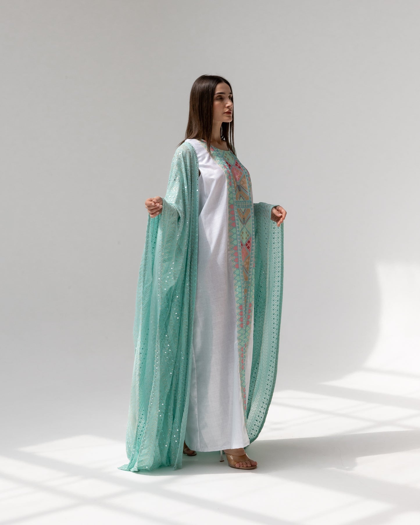 Mint Green Kaftan with Embroidered Dress