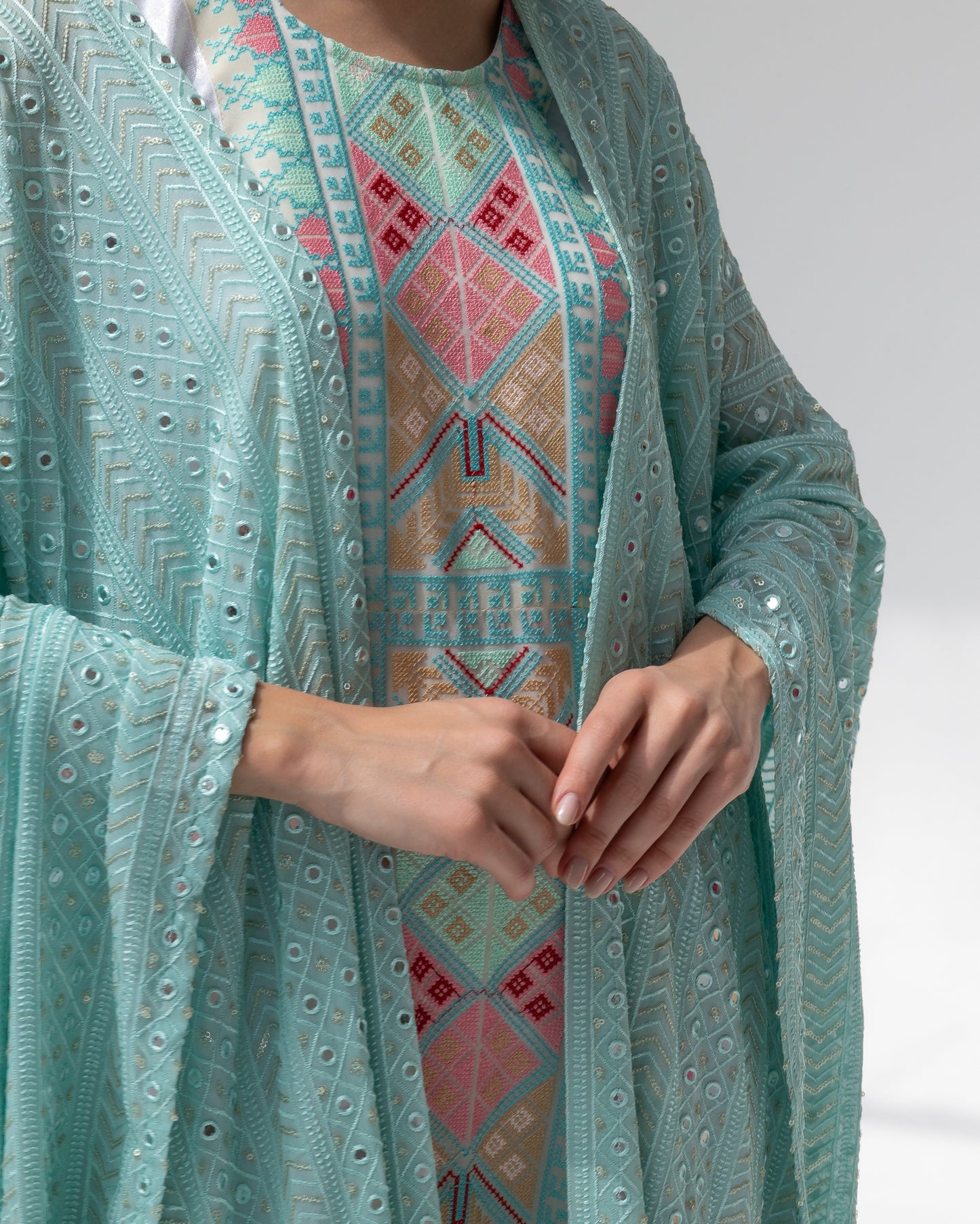 Mint Green Kaftan with Embroidered Dress