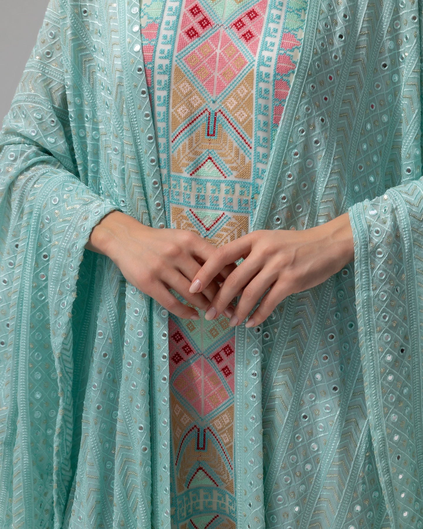 Mint Green Kaftan with Embroidered Dress