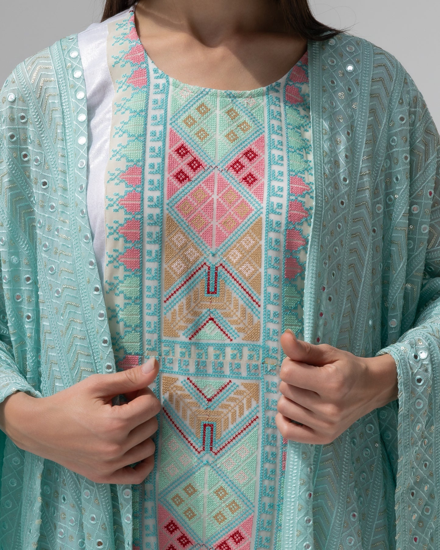 Mint Green Kaftan with Embroidered Dress