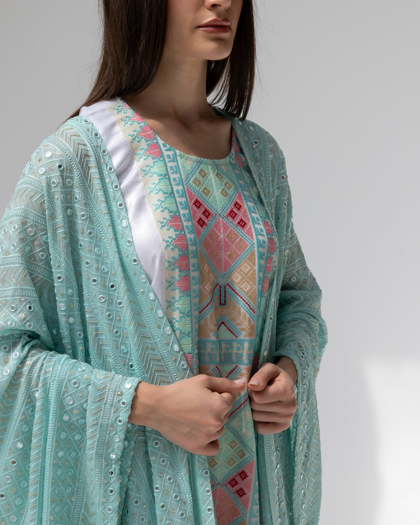 Mint Green Kaftan with Embroidered Dress