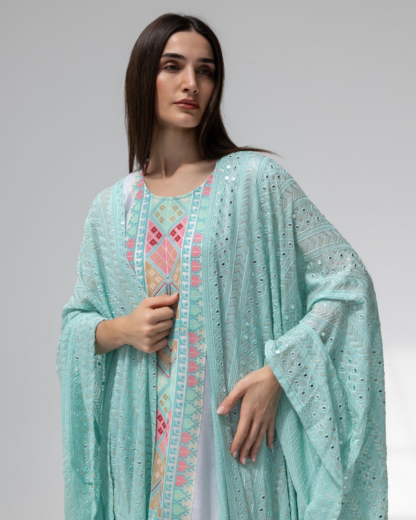 Mint Green Kaftan with Embroidered Dress