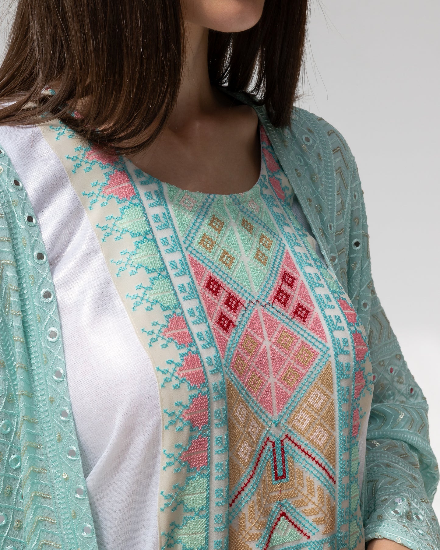 Mint Green Kaftan with Embroidered Dress