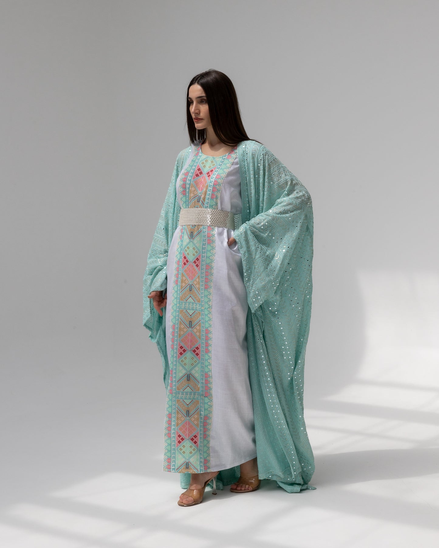 Mint Green Kaftan with Embroidered Dress