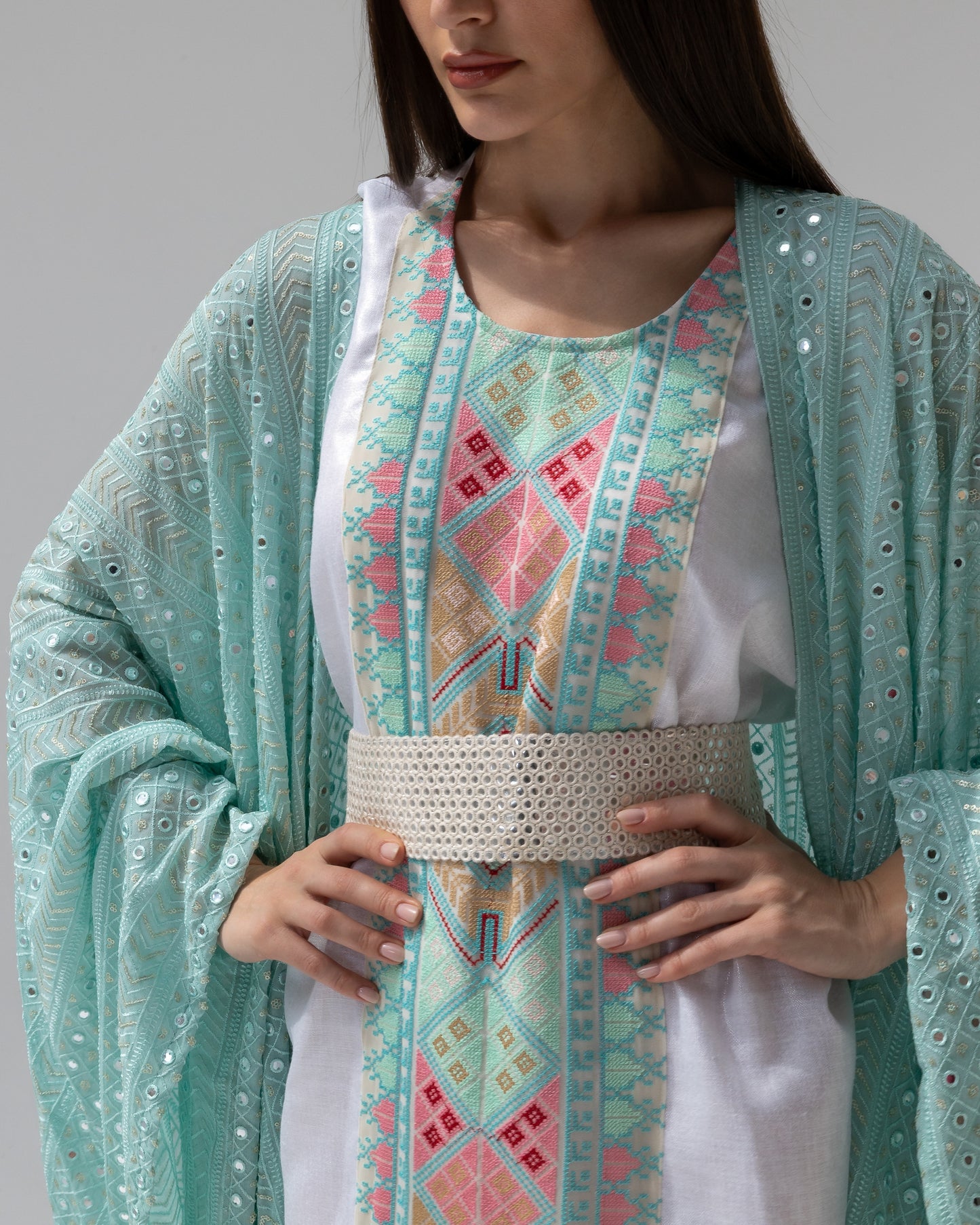 Mint Green Kaftan with Embroidered Dress