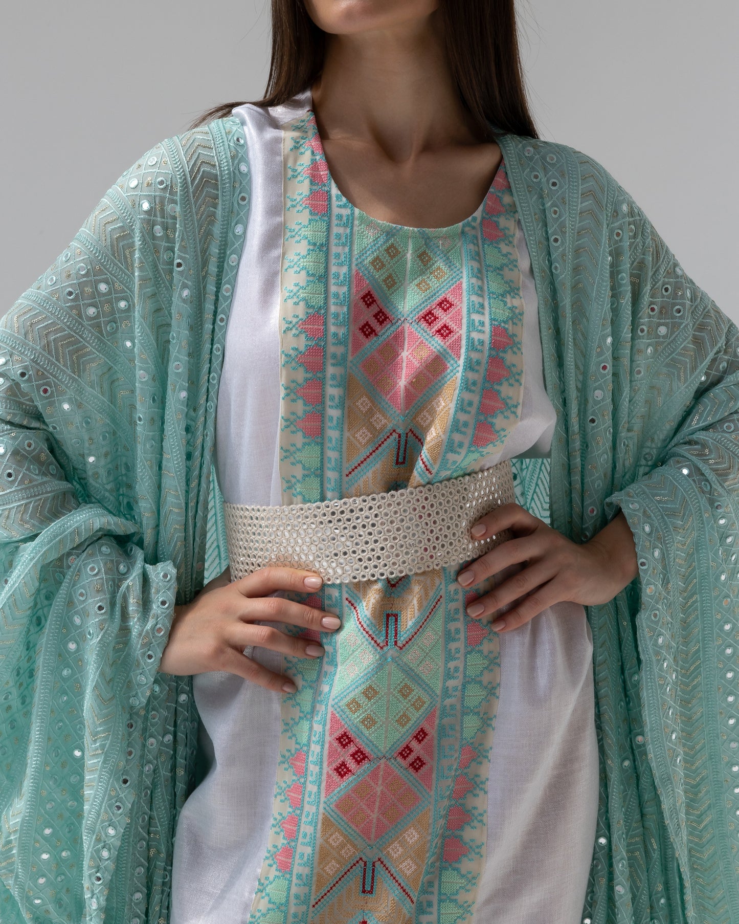 Mint Green Kaftan with Embroidered Dress