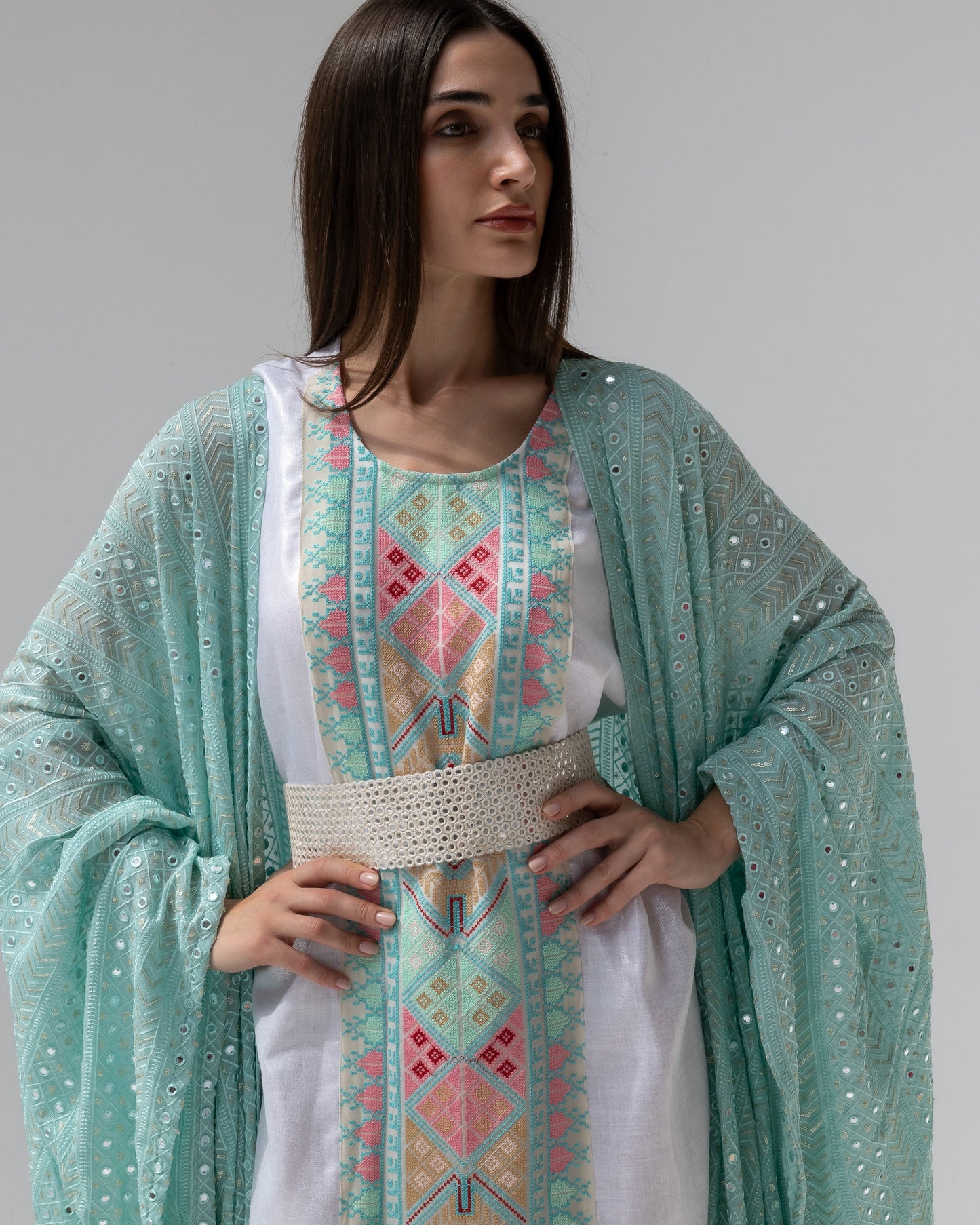 Mint Green Kaftan with Embroidered Dress