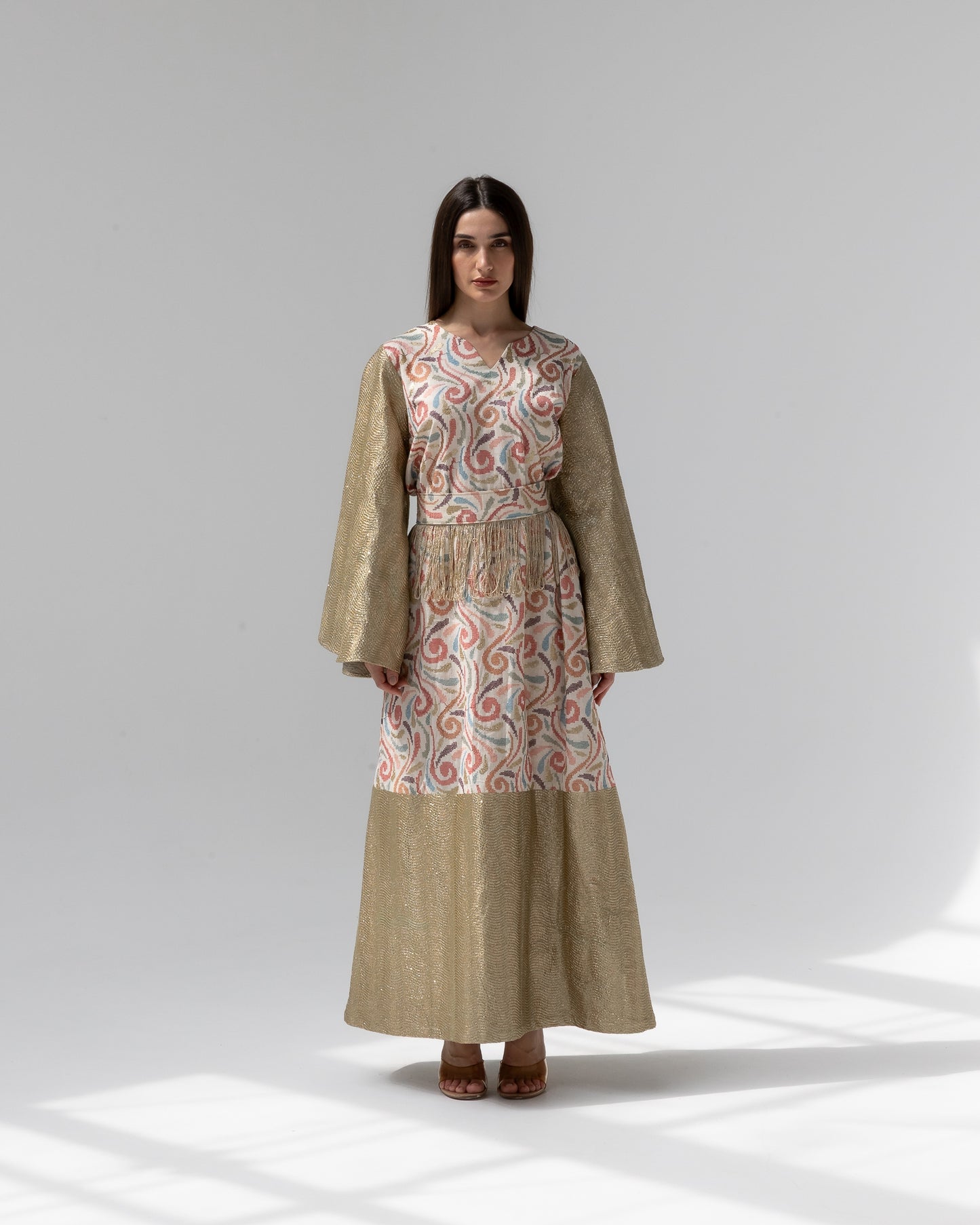 Gold Kaftan with Pastel Swirl Embroidery