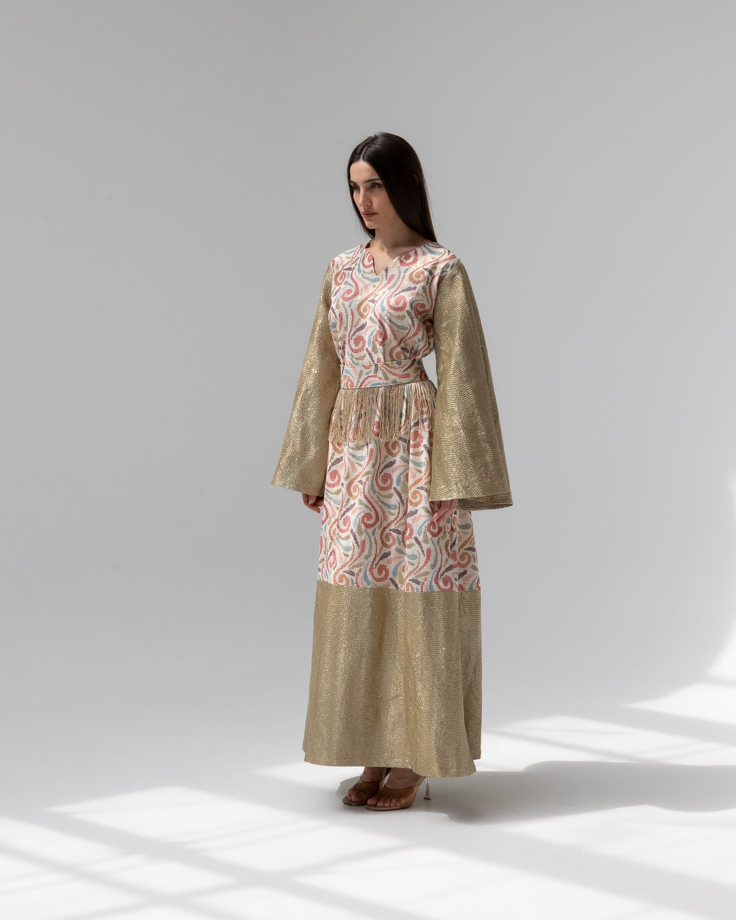 Gold Kaftan with Pastel Swirl Embroidery