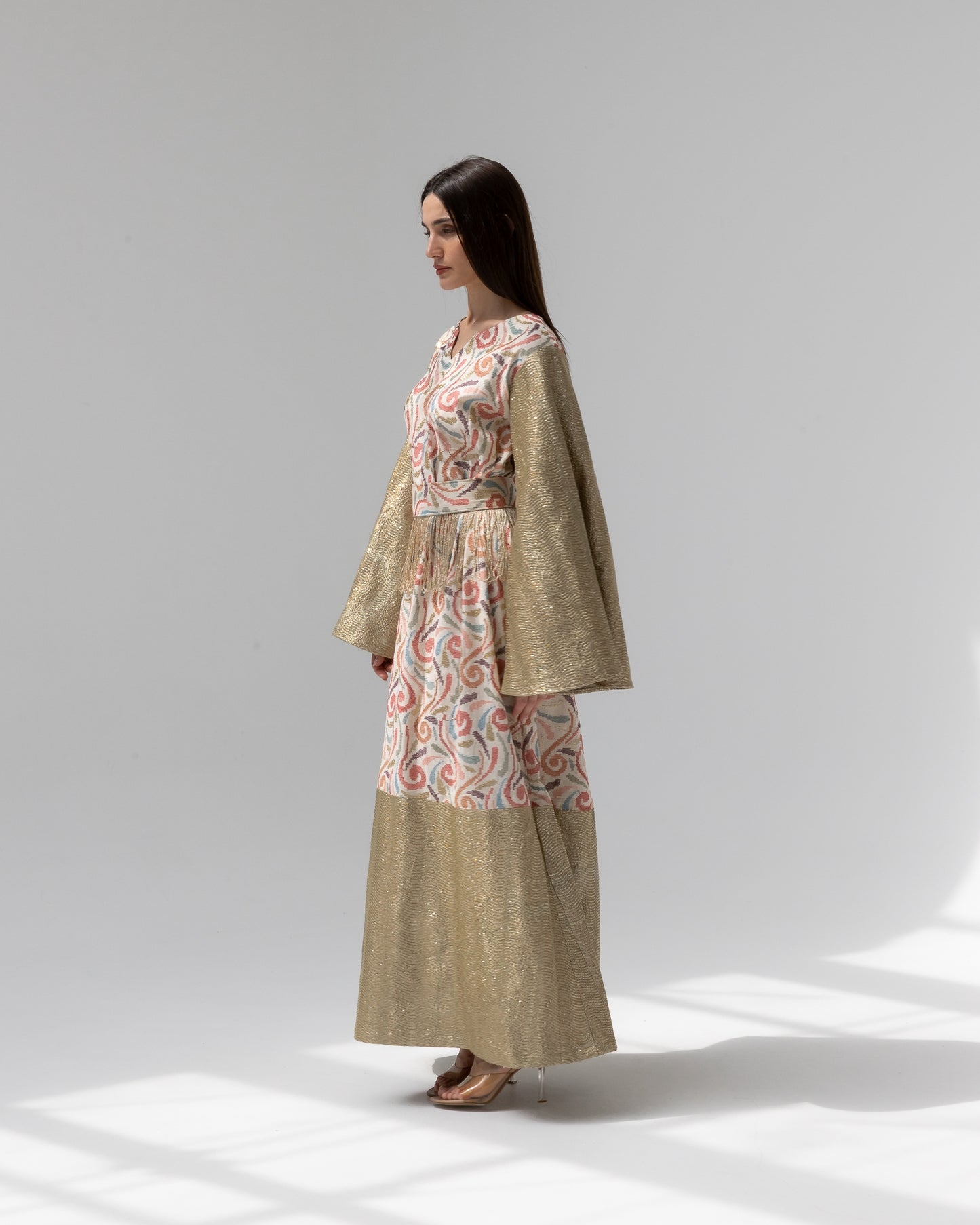 Gold Kaftan with Pastel Swirl Embroidery
