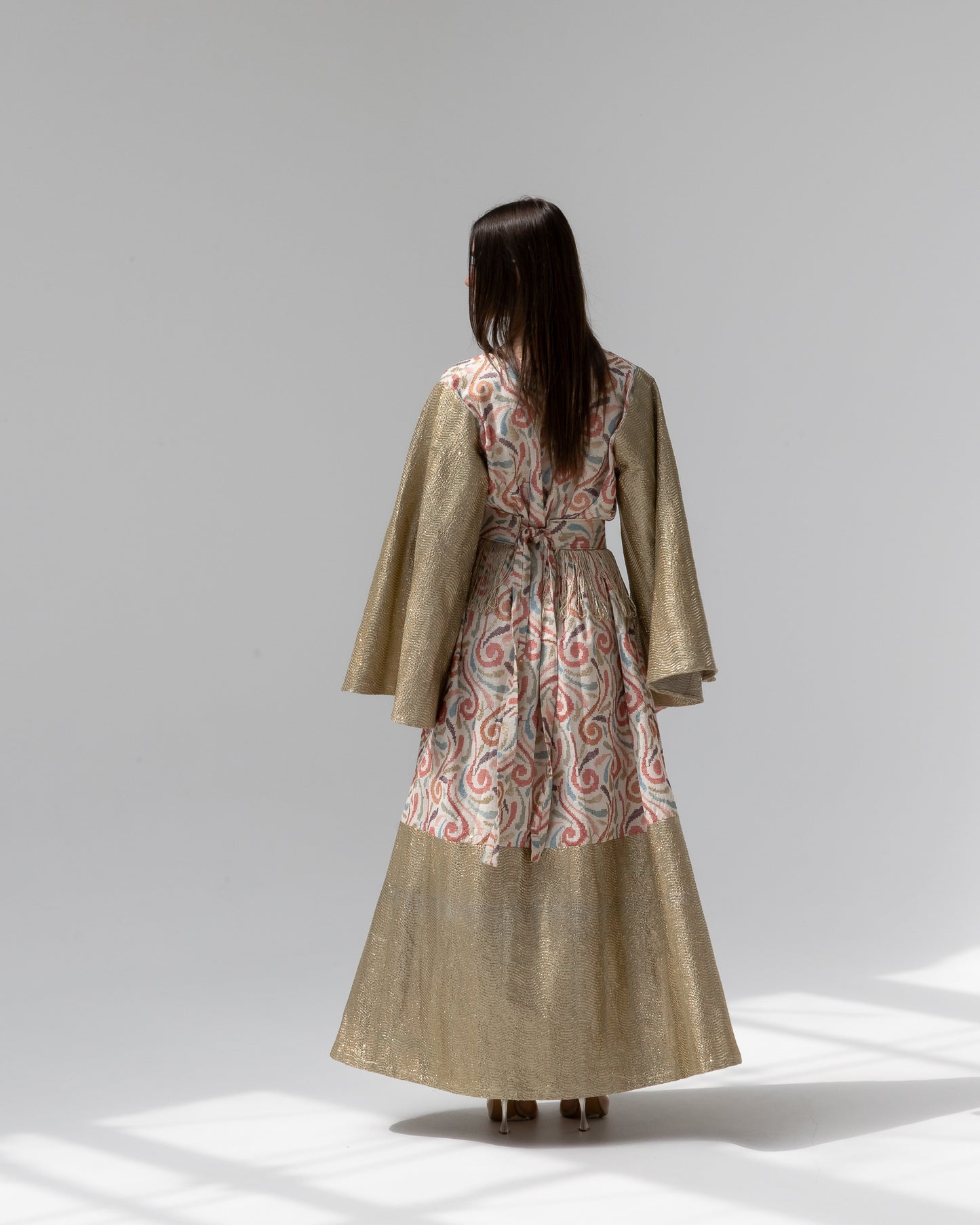 Gold Kaftan with Pastel Swirl Embroidery