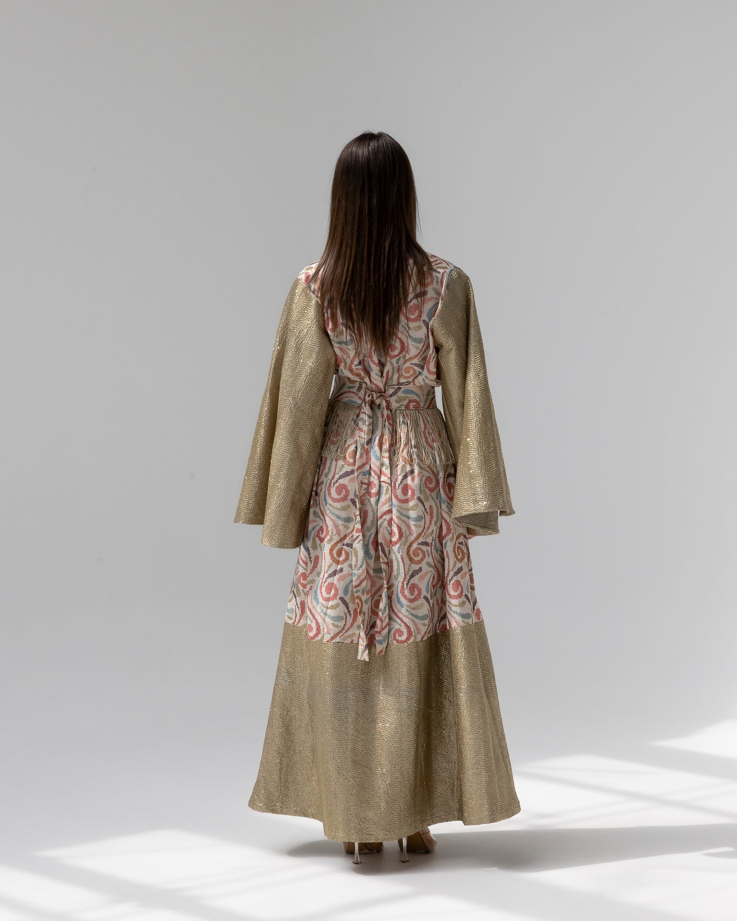 Gold Kaftan with Pastel Swirl Embroidery