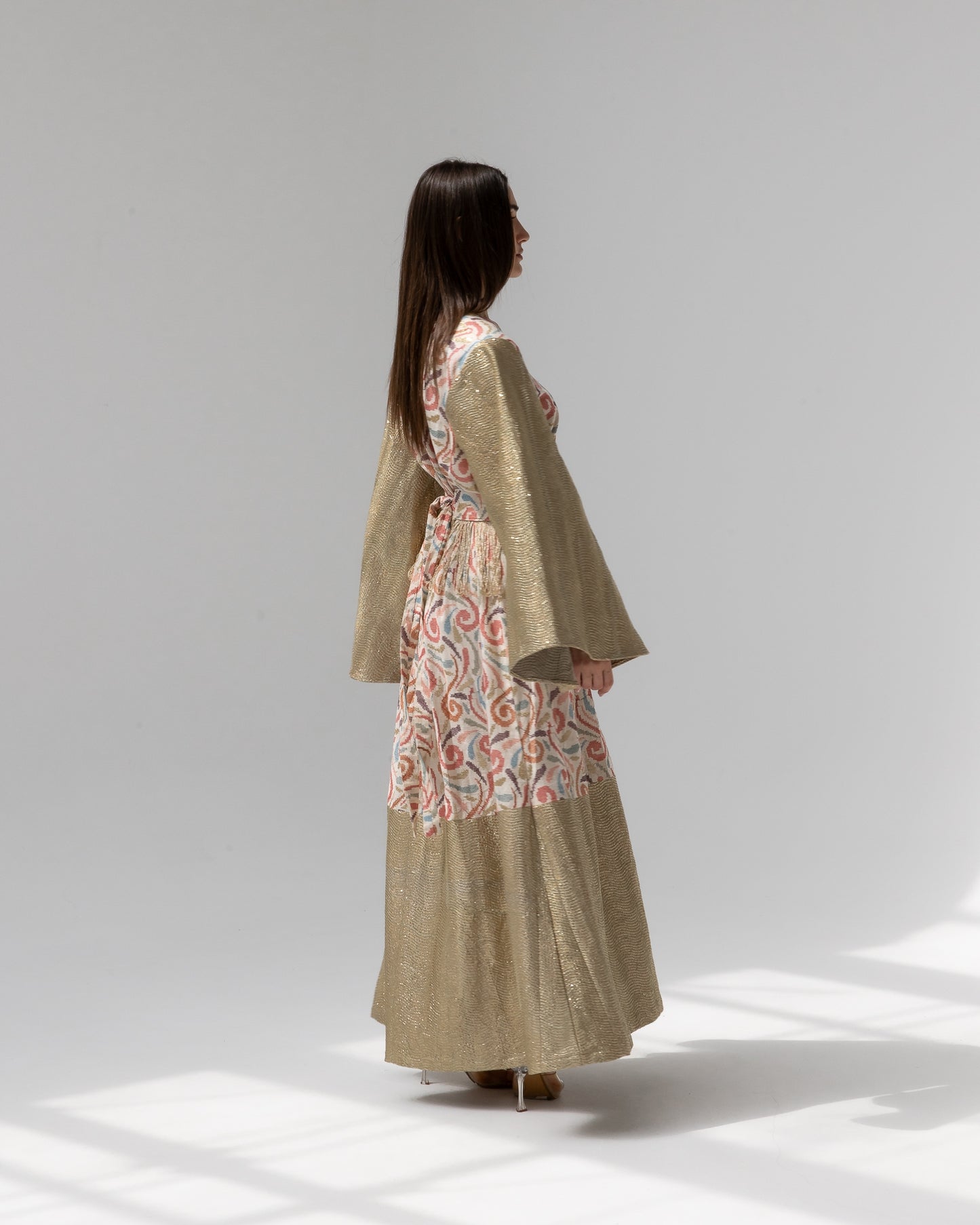 Gold Kaftan with Pastel Swirl Embroidery