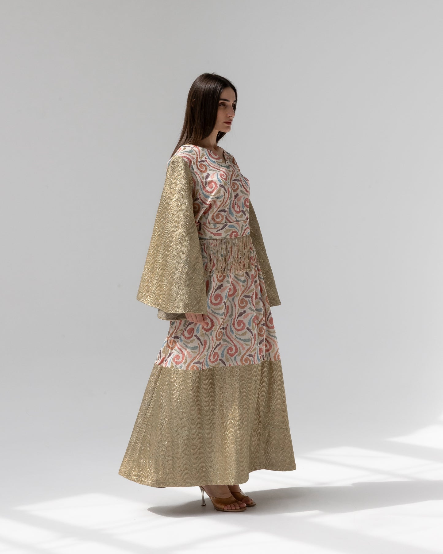 Gold Kaftan with Pastel Swirl Embroidery
