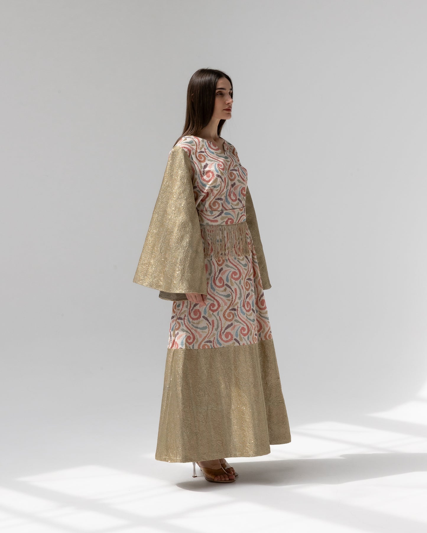 Gold Kaftan with Pastel Swirl Embroidery
