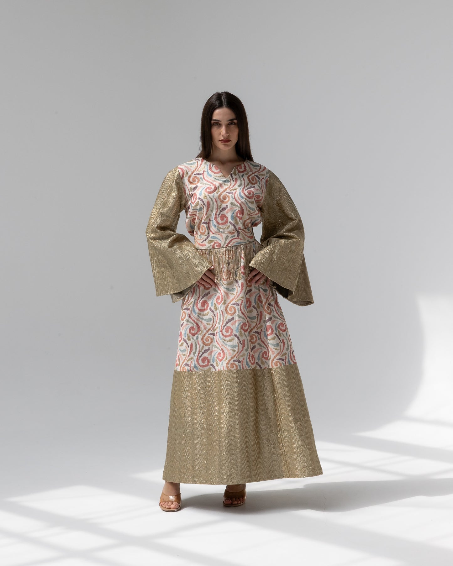Gold Kaftan with Pastel Swirl Embroidery