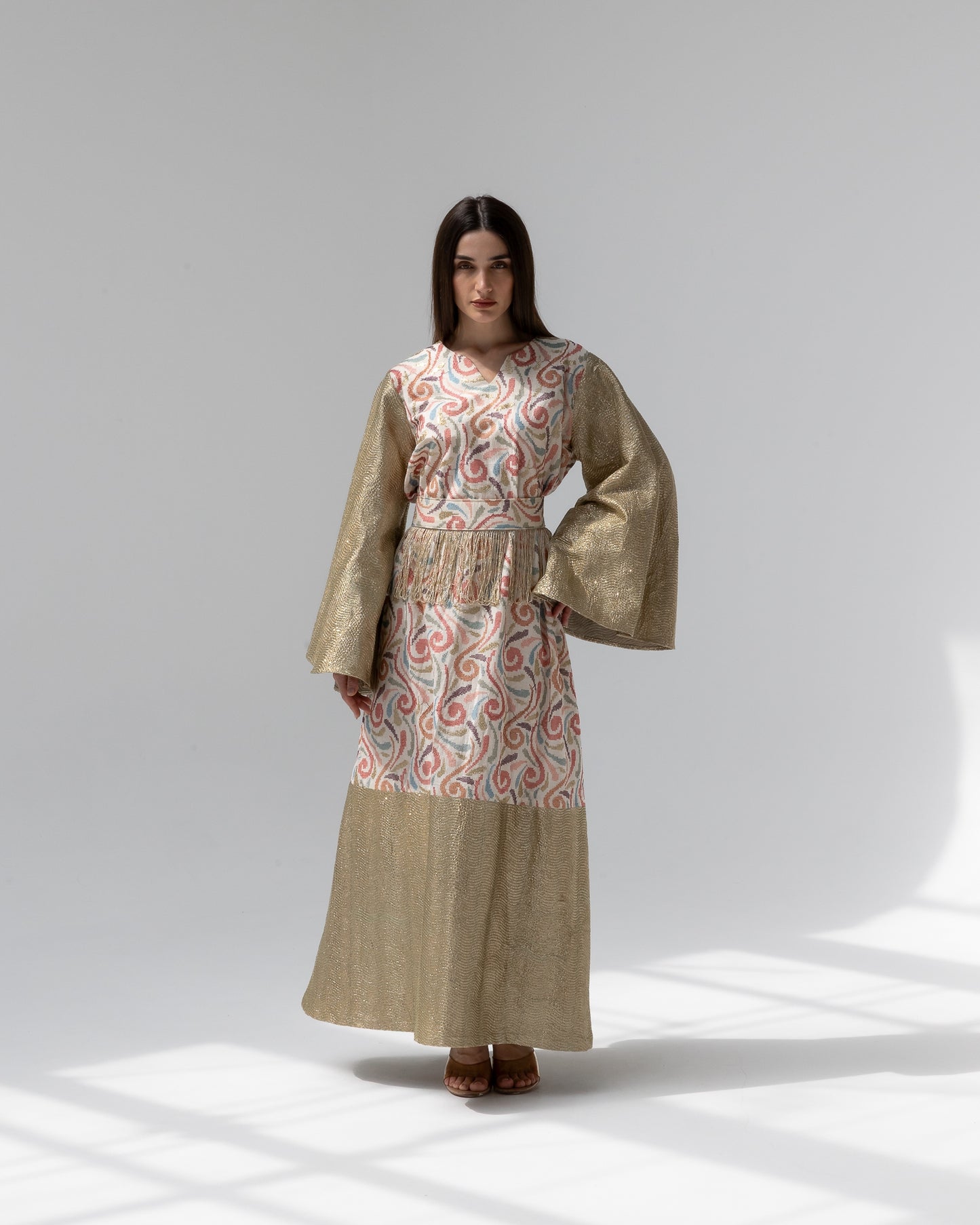 Gold Kaftan with Pastel Swirl Embroidery