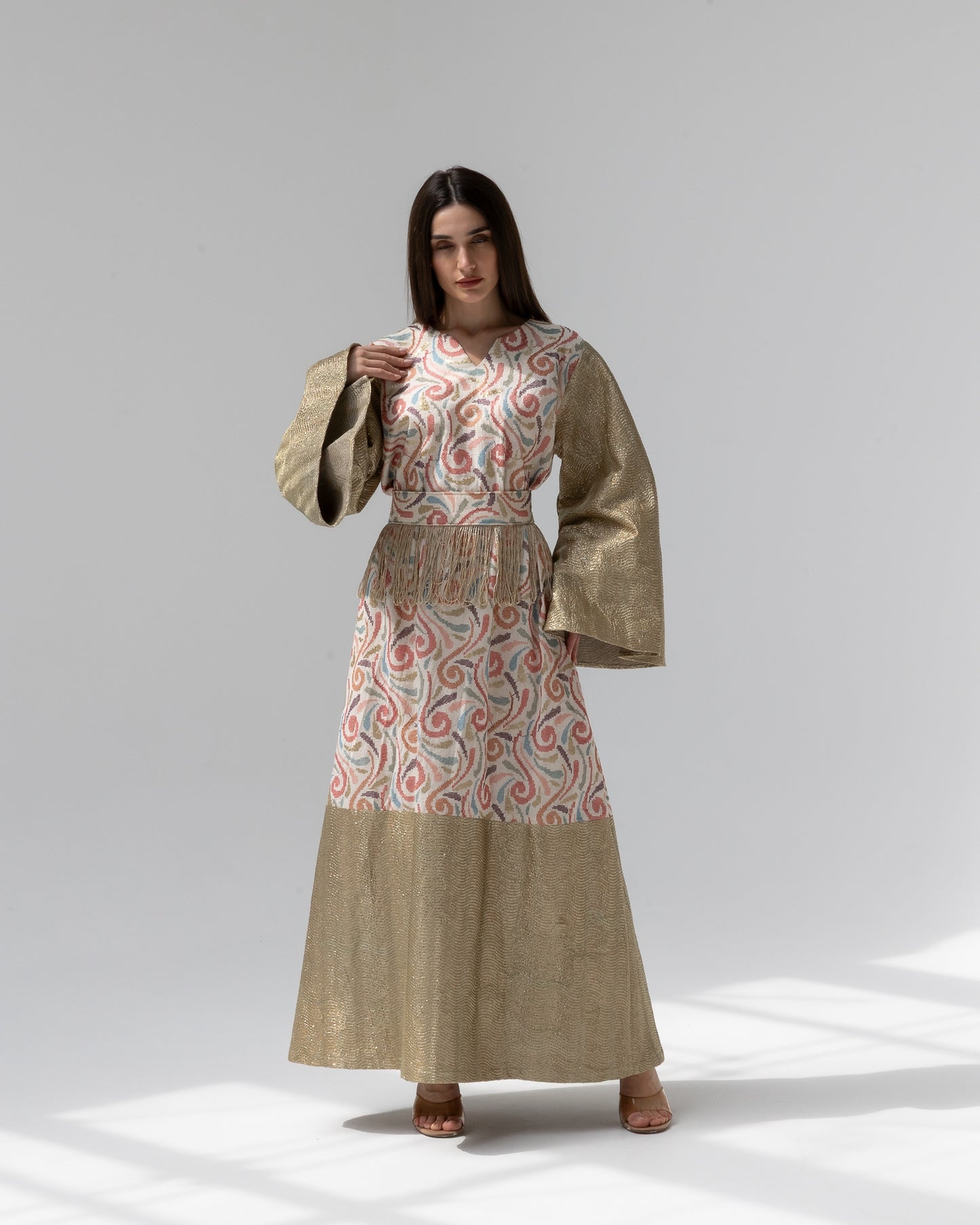 Gold Kaftan with Pastel Swirl Embroidery