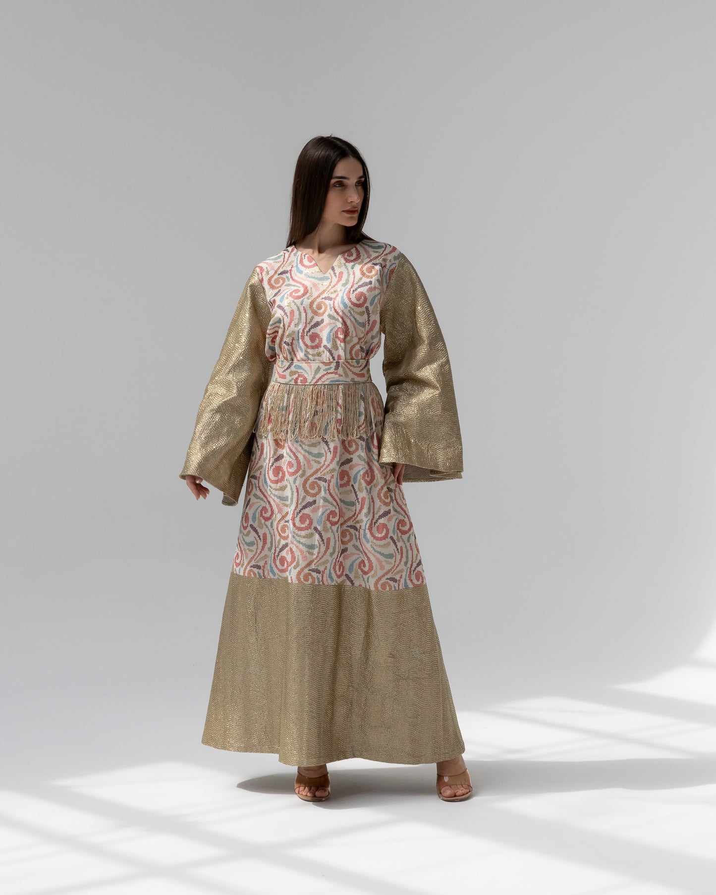 Gold Kaftan with Pastel Swirl Embroidery