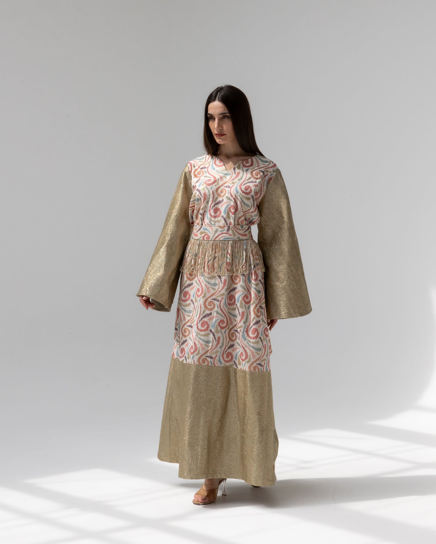 Gold Kaftan with Pastel Swirl Embroidery
