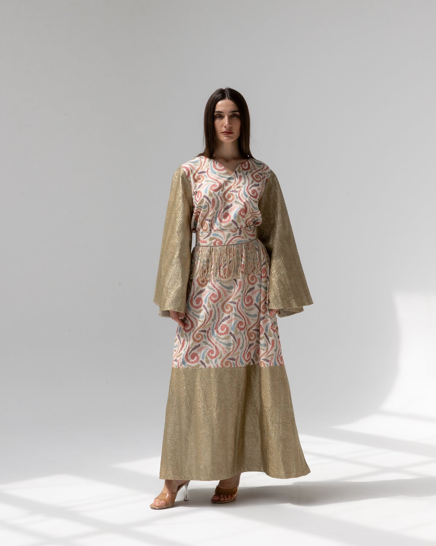 Gold Kaftan with Pastel Swirl Embroidery