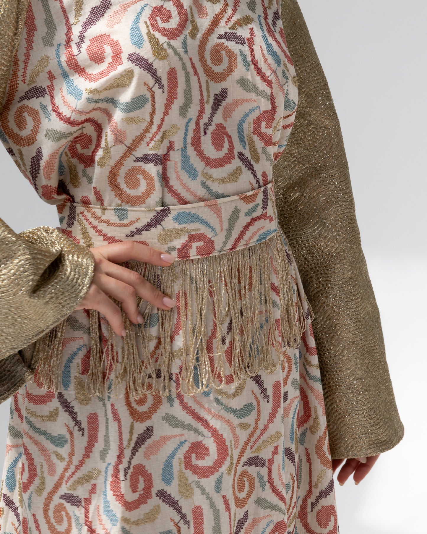 Gold Kaftan with Pastel Swirl Embroidery