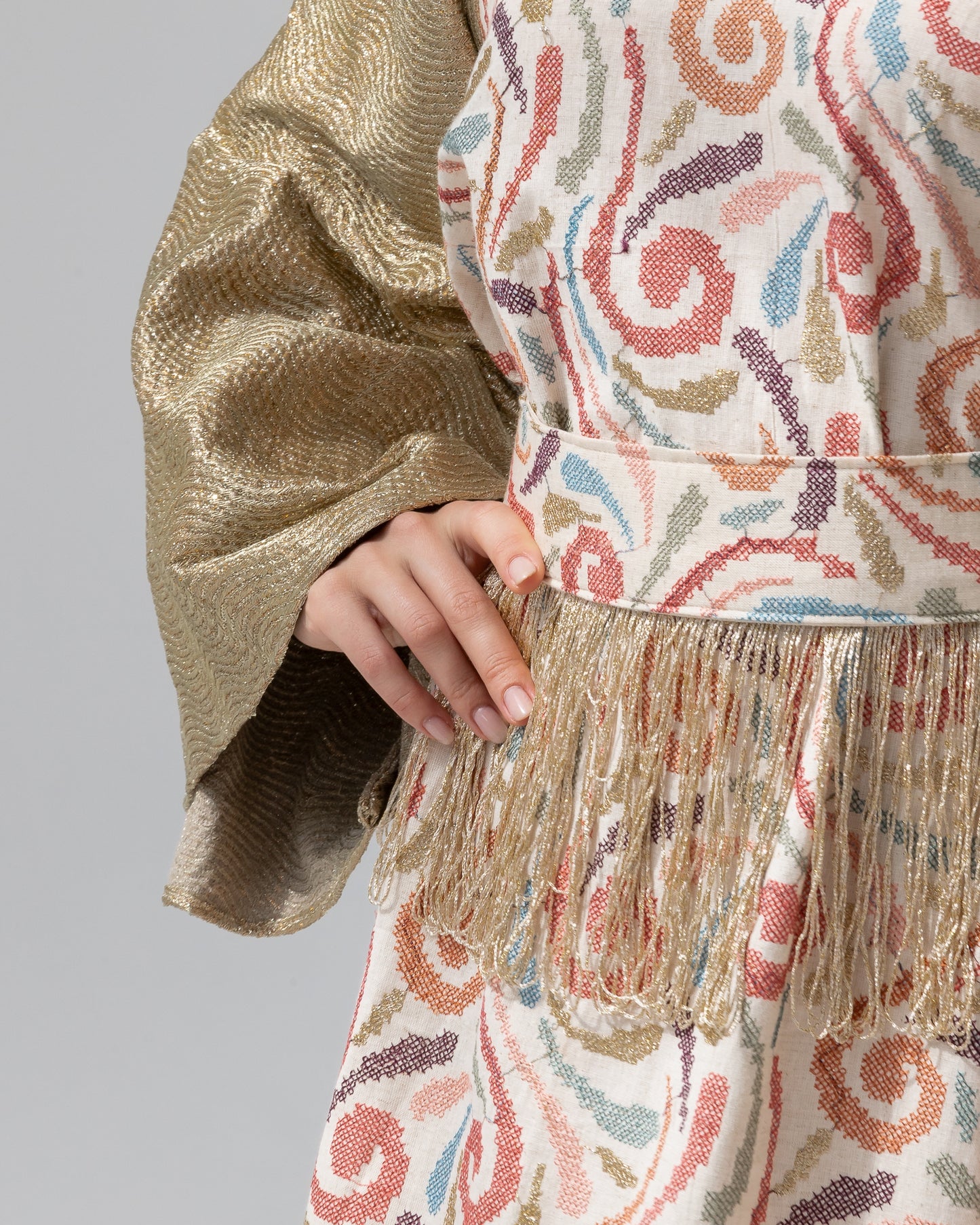 Gold Kaftan with Pastel Swirl Embroidery