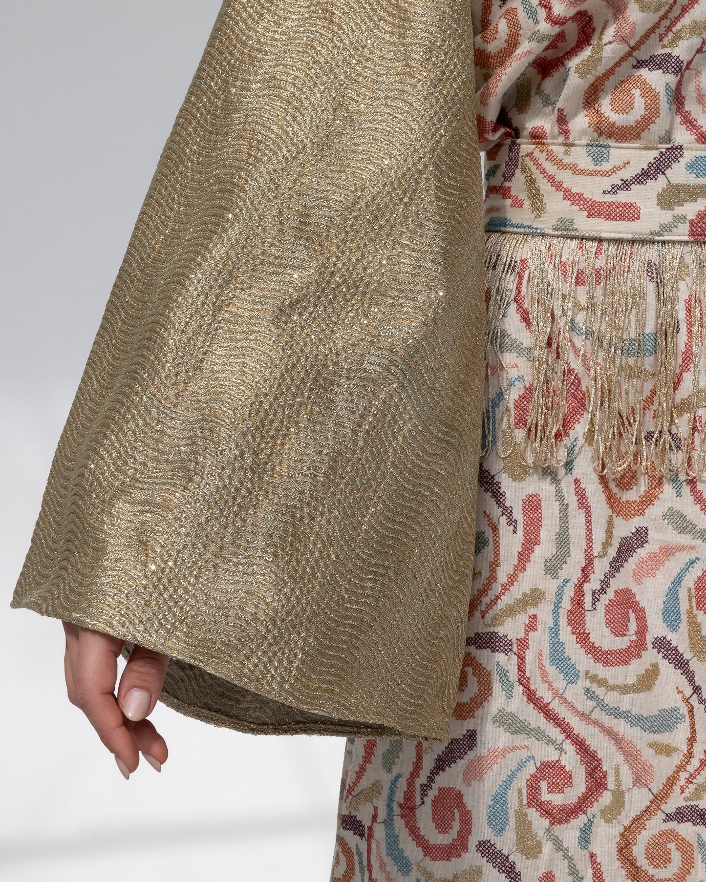 Gold Kaftan with Pastel Swirl Embroidery