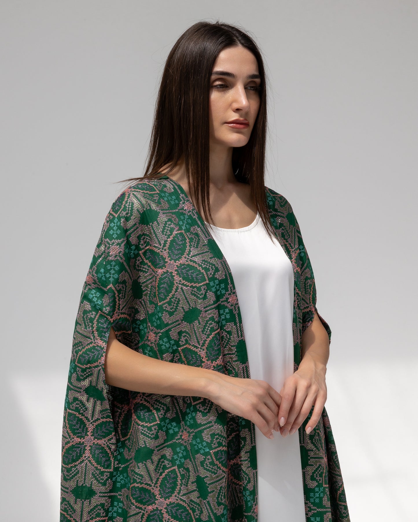 Emerald green kaftan with embroidery
