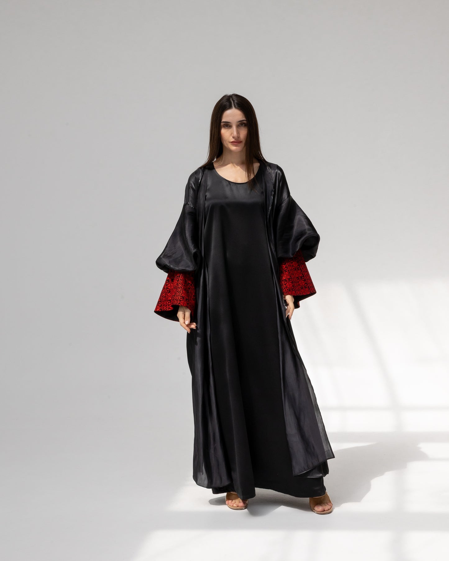 Satin Black Kaftan with Red Embroidery Details