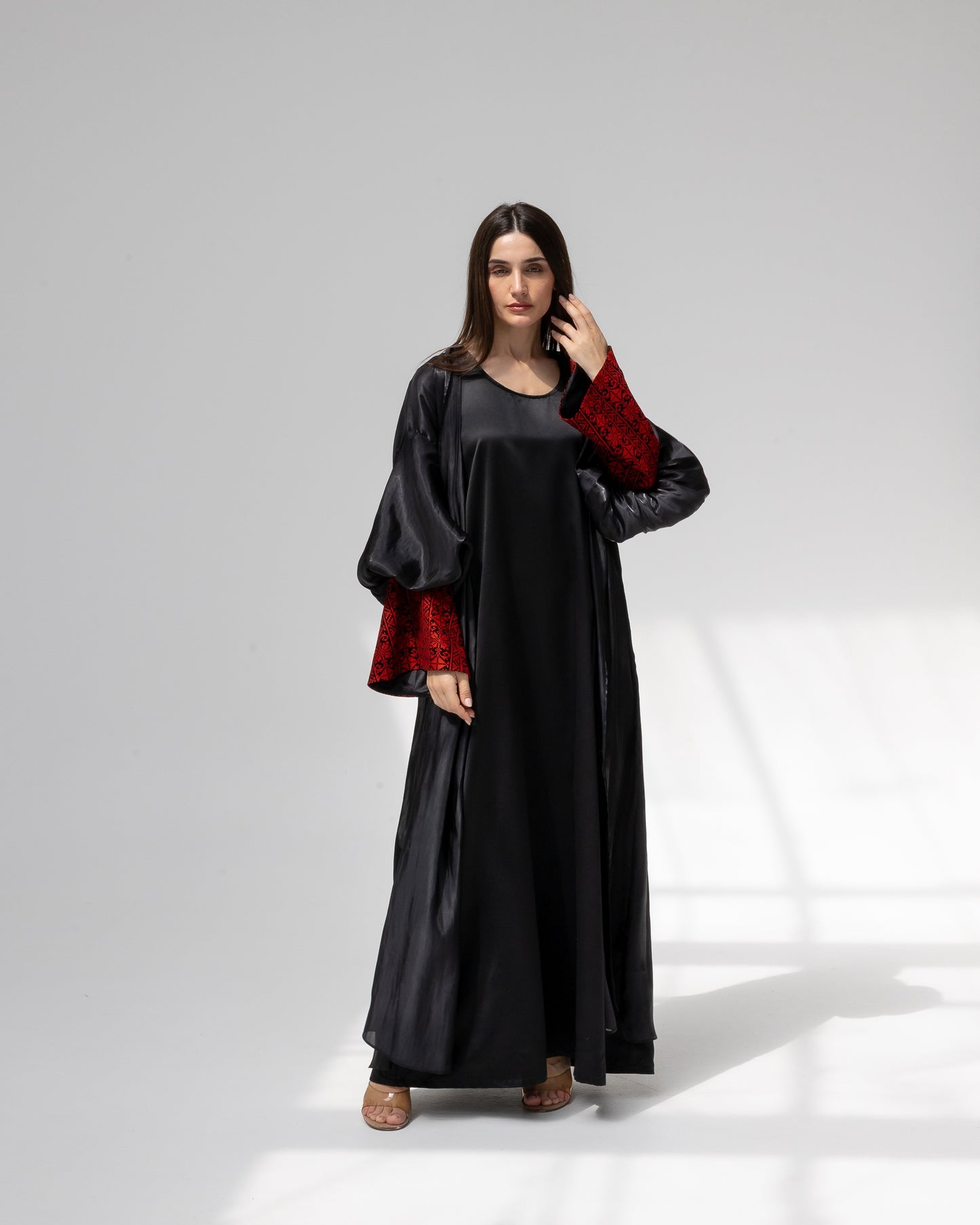 Satin Black Kaftan with Red Embroidery Details