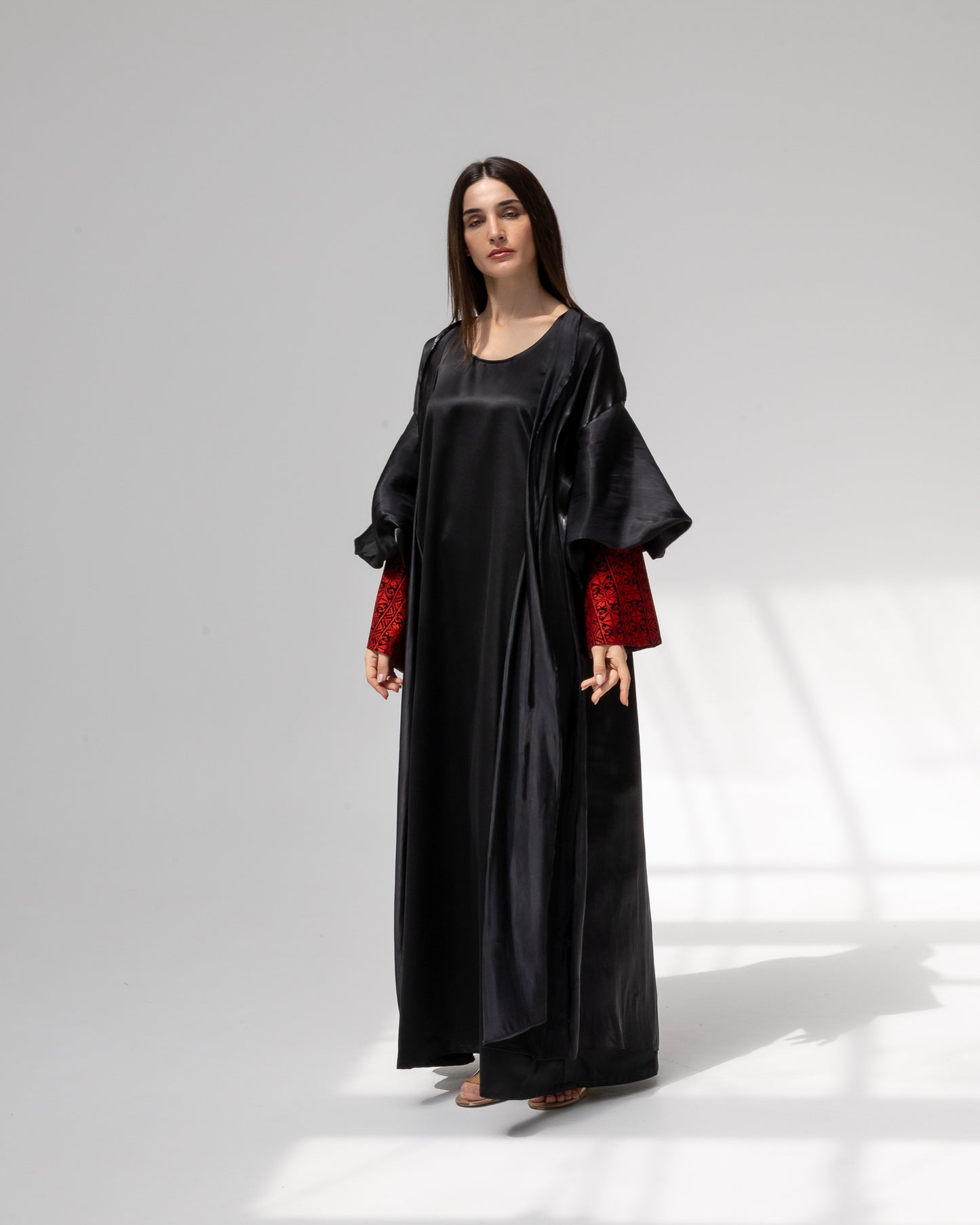 Satin Black Kaftan with Red Embroidery Details
