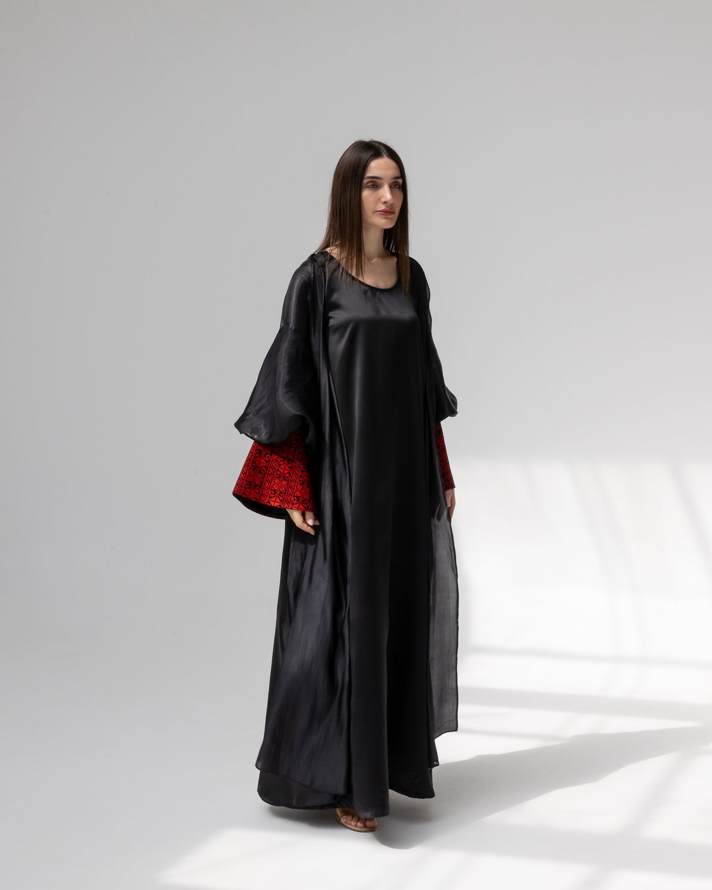 Satin Black Kaftan with Red Embroidery Details