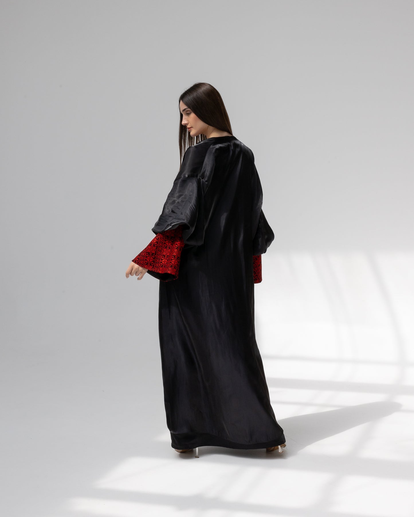 Satin Black Kaftan with Red Embroidery Details
