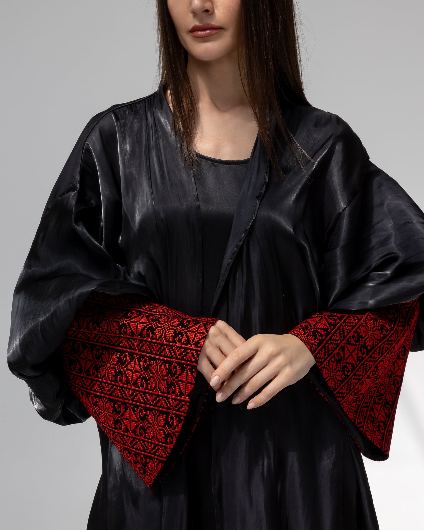 Satin Black Kaftan with Red Embroidery Details