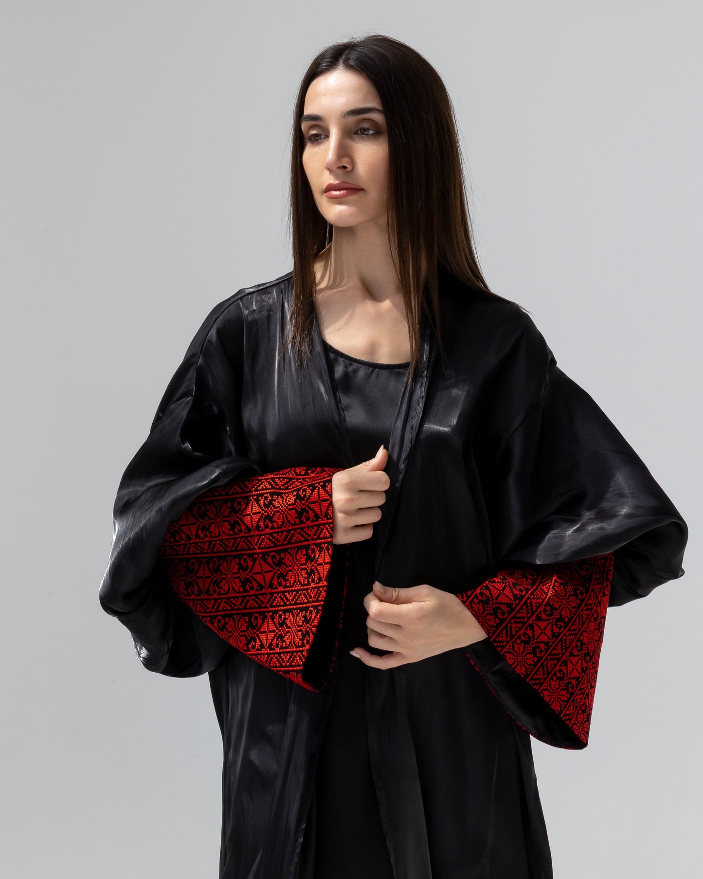 Satin Black Kaftan with Red Embroidery Details