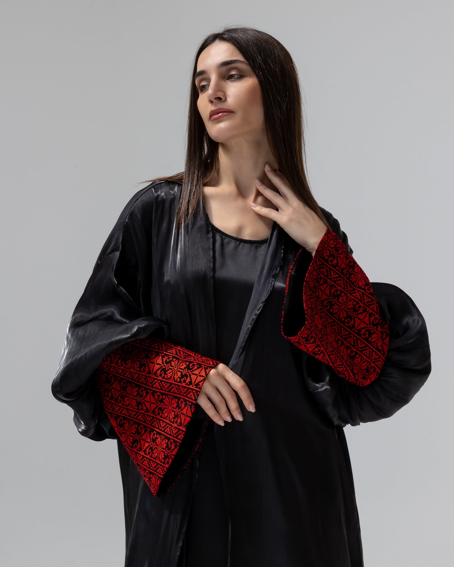 Satin Black Kaftan with Red Embroidery Details