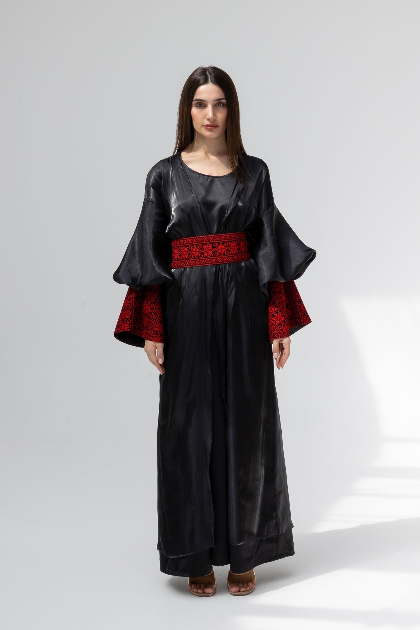 Satin Black Kaftan with Red Embroidery Details
